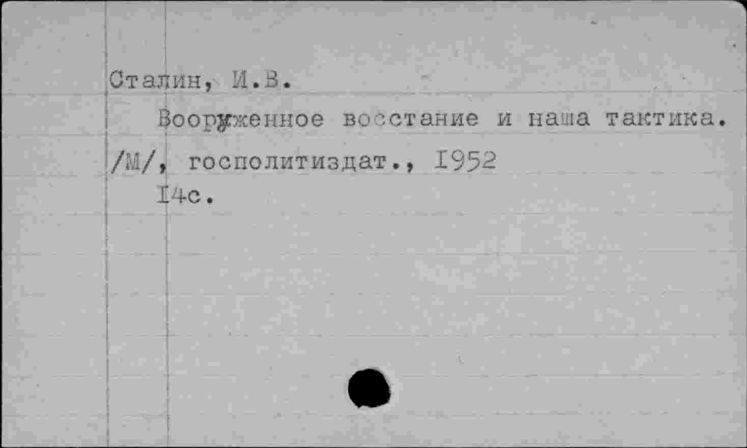 ﻿Сталин, И.В.
Сооруженное восстание и наша тактика /М/, госполитиздат., 1952
14С.